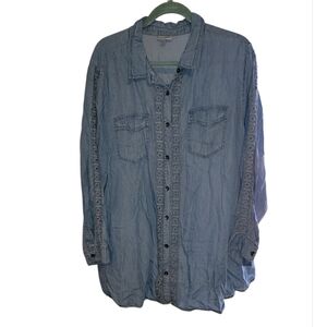 Avenue Blue Button Down Shirt 100% Tencel Plus Size 26/28 Lace Accents